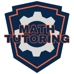 A professional shield-shaped logo for a math tutoring service featuring navy blue and orange colors with a gear icon and bold text overlay.