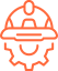A line art illustration of a hard hat and safety equipment with gears, representing industrial work and occupational safety.