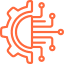 An orange line-art icon depicting an artificial intelligence chip with a gear wheel on the left and circuit connection nodes extending to the right, representing technology and digital processing.