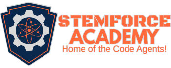 The Stemforce Academy logo features a navy blue shield with a gear and atom symbol, accompanied by orange text reading 'STEMFORCE ACADEMY - Home of the Code Agents!'
