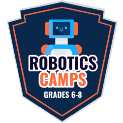 A robotics camp logo badge for grades 6-8 featuring a friendly blue and orange robot centered on a navy shield with orange trim.