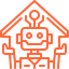 A minimalist line-drawn icon of a friendly robot housed within a house shape, rendered in bright orange against a white background.