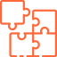 A line illustration of four interlocking puzzle pieces in bright orange forming a unified square pattern.