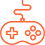 A minimalist line-art illustration of a retro gaming controller in bright orange with a curved cable design.