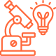 A minimalist line-art icon depicting scientific research tools including a microscope, lightbulb, and telescope, symbolizing discovery and innovation.