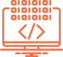 A minimalist orange line illustration of a desktop computer displaying a code editor with programming brackets and binary code symbols.