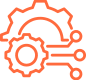 A minimalist line icon illustration showing interconnected gears and mechanical settings in bright orange, representing system configuration or technical processes.