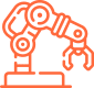 A minimalist line-art illustration of an industrial robotic arm with articulated joints and a gripper hand mounted on a rectangular base platform.