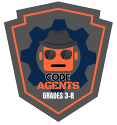 A shield-shaped badge logo for Code Agents, a grades 3-8 educational program, featuring an orange robot character wearing sunglasses and a cowboy hat.