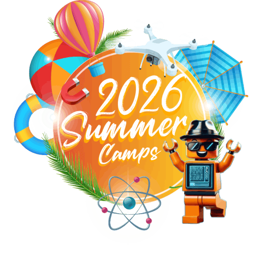 A vibrant 2026 Summer Camps promotional logo featuring a golden circular background with colorful summer-themed illustrations including hot air balloons, beach umbrellas, and a cheerful robot character.